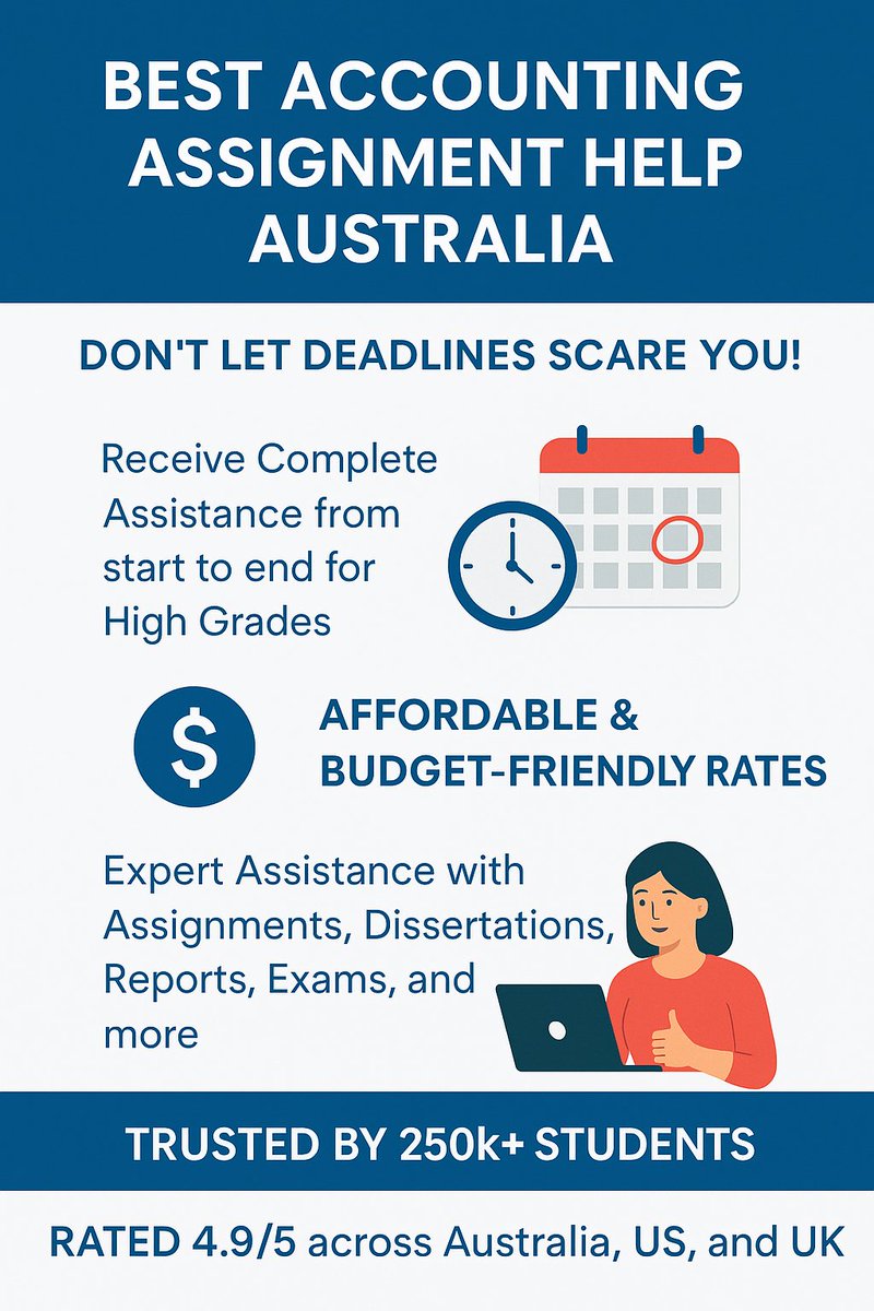 SampleAssignm's tweet image. Struggling with your accounting assignments? Don’t stress — get expert Accounting Assignment Help from Visit- shorturl.at/W7ujZ
✅ Accurate solutions
✅ On-time delivery
✅ Affordable pricing
Ace your grades effortlessly! 
#AccountingAssignmentHelp #StudySmart #StudentLife