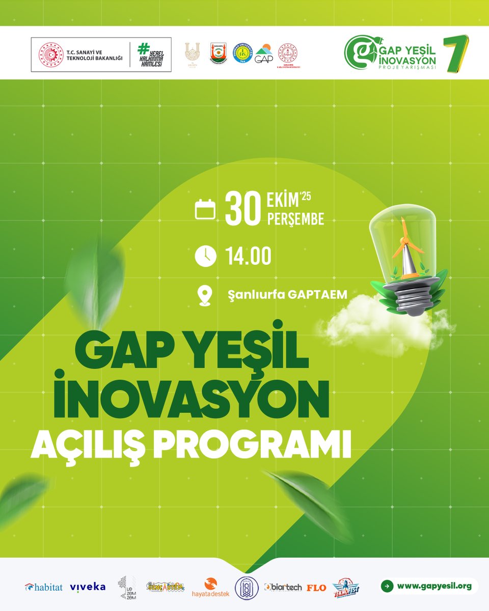 🎉GAP Yeşil İnovasyon Açılış Programı'na hazır mısınız? 

🌱Sürdürülebilir geleceğe dair projeleri keşfetmek ve ilham verici konuşmacılarla tanışmak için 30 Ekim Perşembe günü saat 14.00'te Şanlıurfa GAPTAEM'de buluşalım! 

 #GAPYeşil #Sürdürülebilirlik 

<a href="/gap_idaresi/">GAP İdaresi</a>
