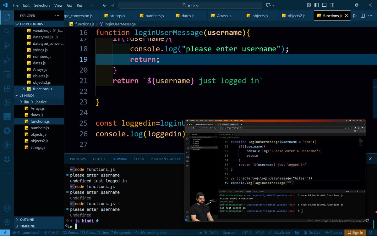 hey_akhill's tweet image. #Day18 of my #25DaysMasterjiChallenge
Learned about functions in JavaScript ⚙️
Explored how to declare & call them, and the difference between console.log (prints output) and return (sends value back).
@ChaiCodeHQ @Hiteshdotcom @nirudhuuu 
#JavaScript #WebDev #CodingJourney