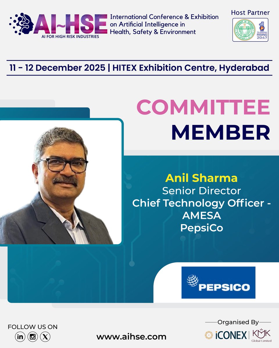 ai_hse_'s tweet image. We are delighted to welcome Anil Sharma, Senior Director, Chief Technology Officer - AMESA, PepsiCo, as a committee member for #AIHSE2025.

🗓️11-12 December 2025
📍HITEX Exhibition Centre, Hyderabad

🔗aihse.com

#HSE #CommitteeMember #Health #Safety #environment