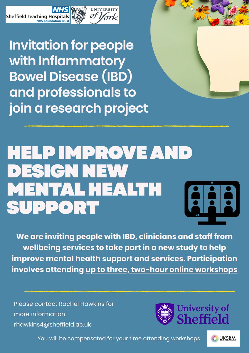 If you have #IBD #Crohns #Colitis &amp; live in the UK pls consider coming along to my workshop for #IMPACTIBD. A new project co-designing #mentalhealth support. Info below. Pls contact rhawkins4@sheffield.ac.uk

<a href="/CrohnsColitisUK/">Crohn's & Colitis UK</a> <a href="/IBDUKTEAM/">IBD UK</a> <a href="/MondayNightIBD/">#MondayNightIBD</a>