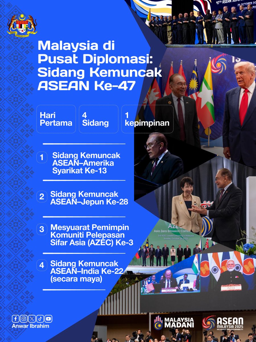 anwaribrahim's tweet image. Hari pertama Sidang Kemuncak ASEAN Ke-47 menghimpunkan pemimpin dari pelbagai rantau, mempertegas peranan Malaysia sebagai pusat diplomasi dunia dan nadi perdamaian serantau.

#MalaysiaMADANI
#MADANIbekerja
#RancakkanMADANI
#ASEAN2025