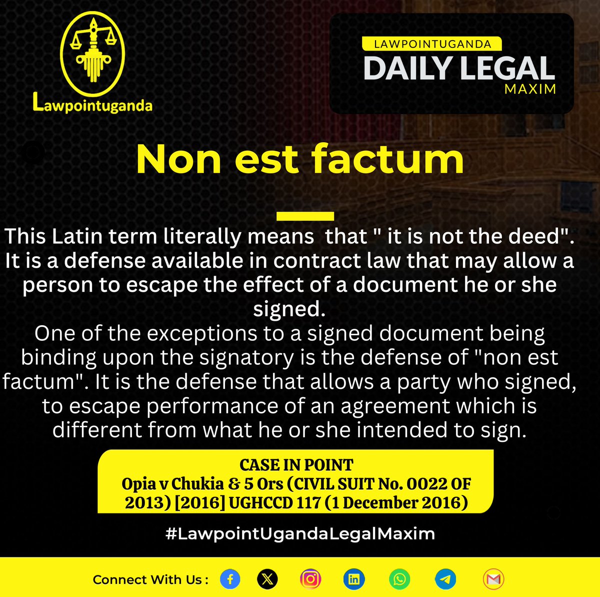 Lawpointuganda's tweet image. ICYMI.

 Non est Factum as a Defence in Contract Law   

 #LawpointUgandaDailyLegalMaxim