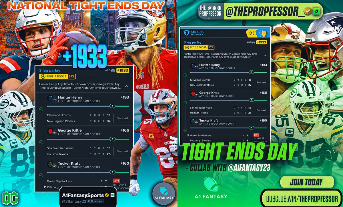 National Tight End's Day 🏈
<a href="/a1fantasy23/">A1FantasySports</a> and <a href="/ThePropfessor_/">The Propfessor 👨‍🏫</a> labbed up