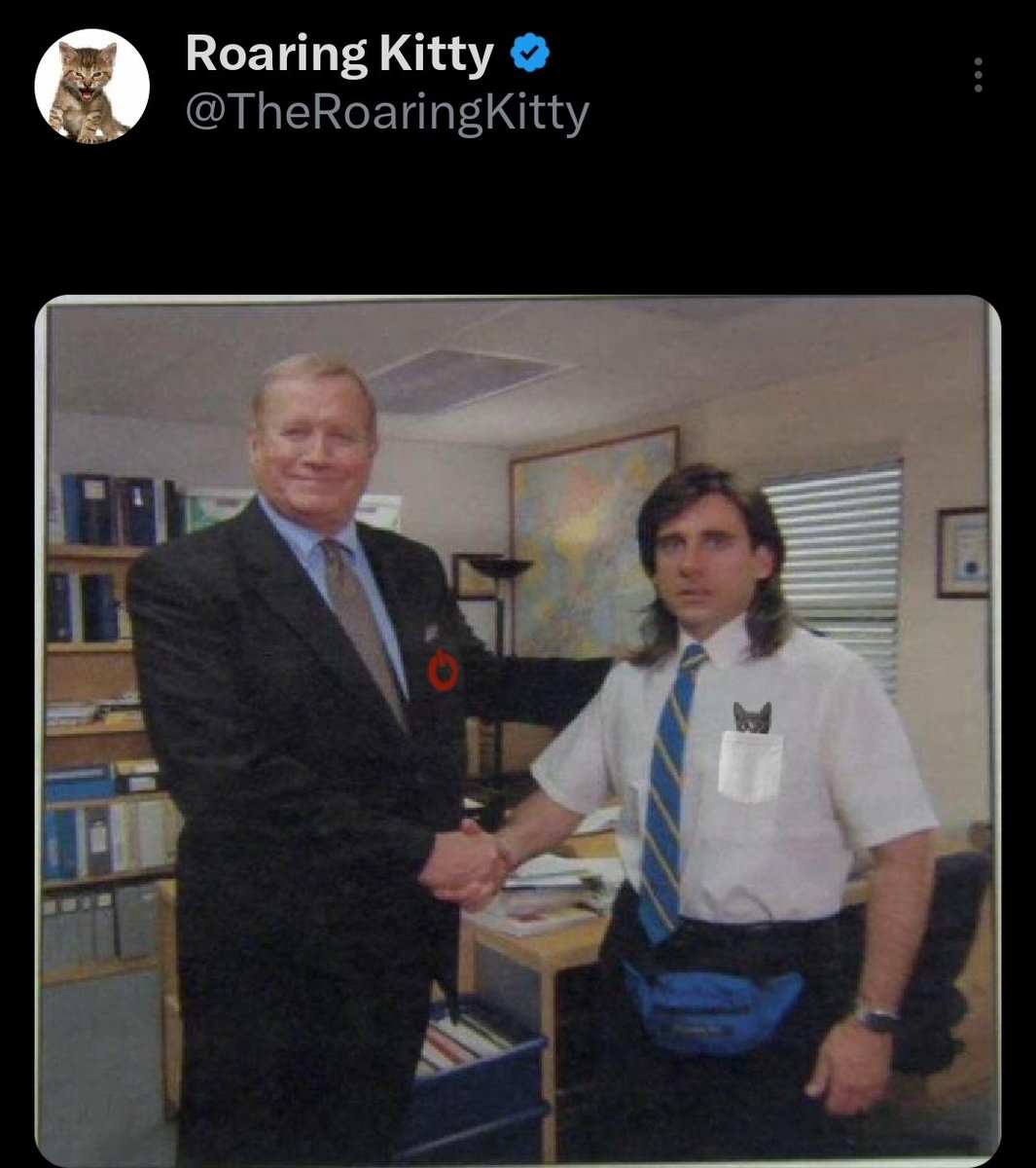 🇺🇸🎤...Roaring Kitty’s handshake meme dropped June 11, 2024  the setup.

GameStop’s Trump x Master Chief handshake dropped October 26, 2025...the payoff.

Same shot, 503 days apart.
One says “the deal is coming,” the other says “the deal is done.”

RK posted the office handshake