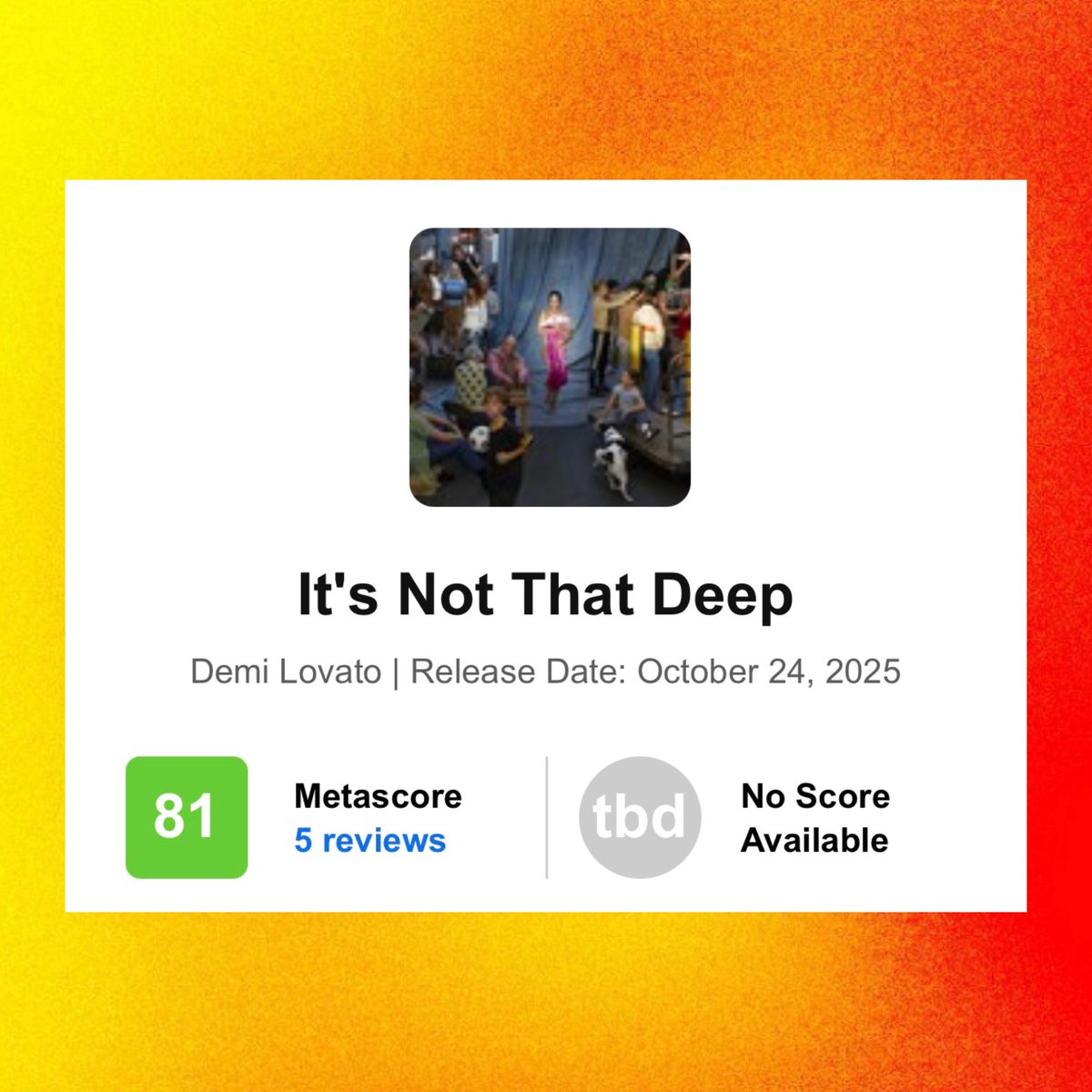 PopCrave's tweet image. ‘It’s Not That Deep’ by Demi Lovato receives a Metacritic score of 81 based on 5 reviews.

It’s Lovato’s highest rated album on the platform.