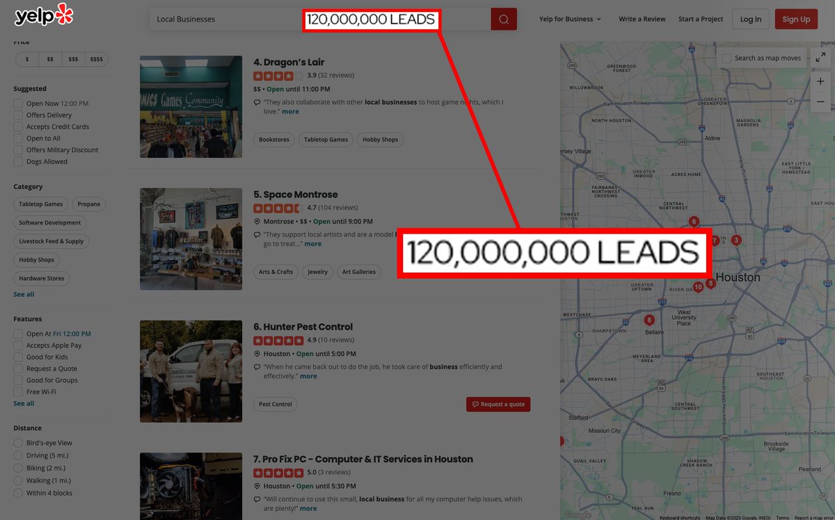 setu_ai_expert's tweet image. I FOUND A FREE WAY TO SCRAPE 120M+ LOCAL BUSINESS LEADS.
The best part? It's completely FREE & uses Yelp to scrape the leads.
If you target restaurants, medspas, construction, etc., this works like a charm.
Comment "T" and I'll send it over.
(DON'T SHARE)