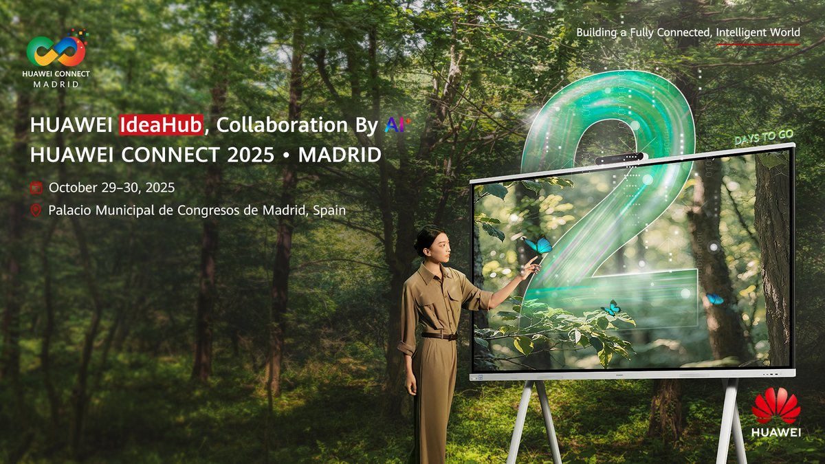 IT_Huawei's tweet photo. 2️⃣ days until we meet in Madrid!
Explore how #Huawei #IntelligentCollaboration integrates AI+ architecture for seamless meetings, immersive experiences, and greener workplaces: https://t.co/6Rr8SBonzy 🌿 #HUAWEICONNECT #AllIntelligence #IdeaHub https://t.co/99RbmVPIjn