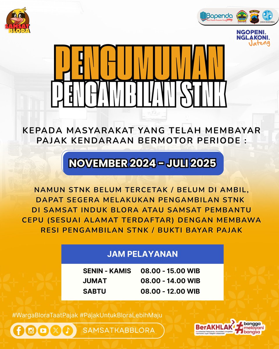 Untuk seluruh Wajib Pajak, dapat kami informasikan bahwa STNK yang belum tercetak atau belum diambil pada periode November 2024 - Juli 2025 sudah bisa dilakukan pengambilan di kantor Samsat Induk Blora / Samsat Pembantu Cepu.

#SamsatJateng
#SamsatBlora
#SamsatBudiman
#NewSakpole