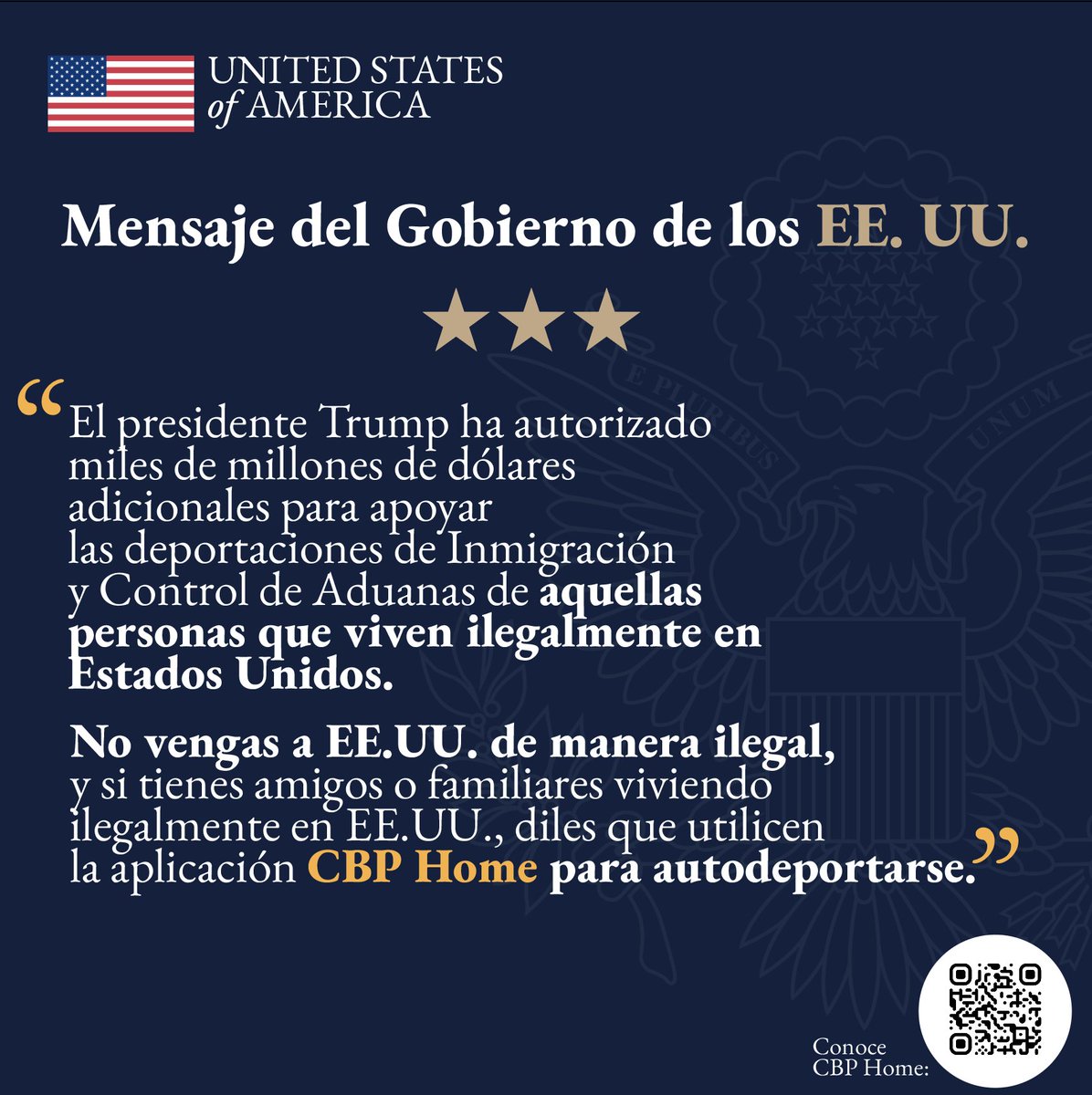Mensaje del Gobierno de los EE. UU. 🇺🇸
El presidente Trump ha autorizado miles de millones de dólares adicionales para apoyar las deportaciones de Inmigración y Control de Aduanas de aquellas personas que viven ilegalmente en Estados Unidos. No vengas a EE.UU. de manera ilegal, y
