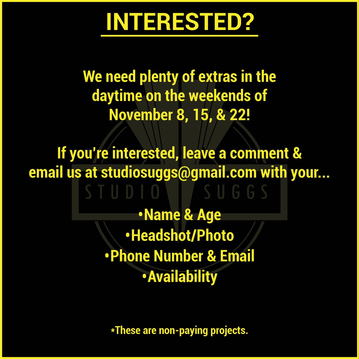StudioSuggs's tweet photo. Studio Suggs needs EXTRAS for our upcoming productions on the WEEKENDS OF NOVEMBER 8, 15, OR 22! All shoots happening in Memphis. If you're interested &amp; free, email us at studiosuggs@gmail.com with your...
- Name &amp; Age
- Headshot/Photo
- Phone Number &amp; Email
- Availability https://t.co/4dhLUr3uLG