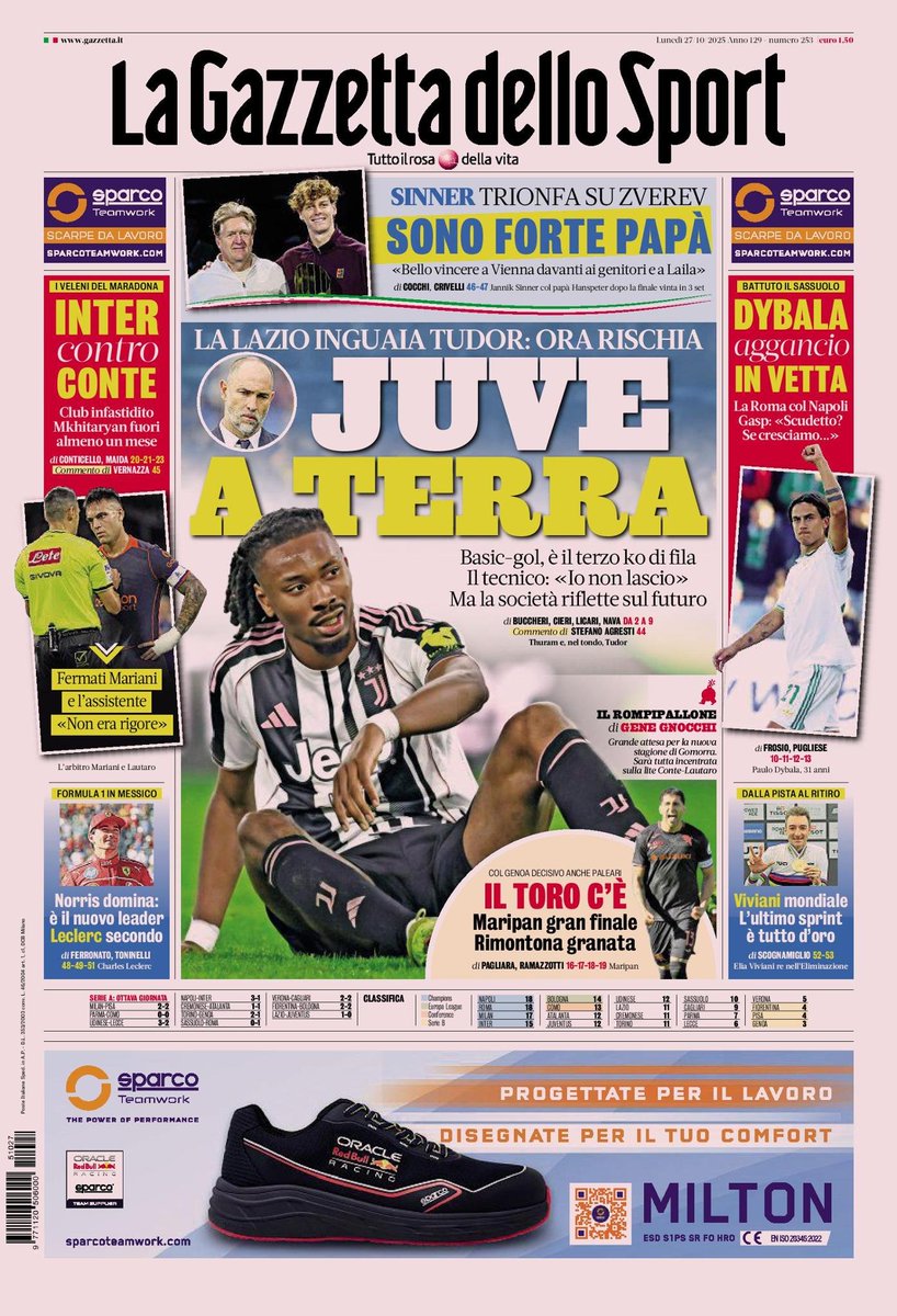 Front Page La Gazzetta dello Sport, Monday 27 October 2025