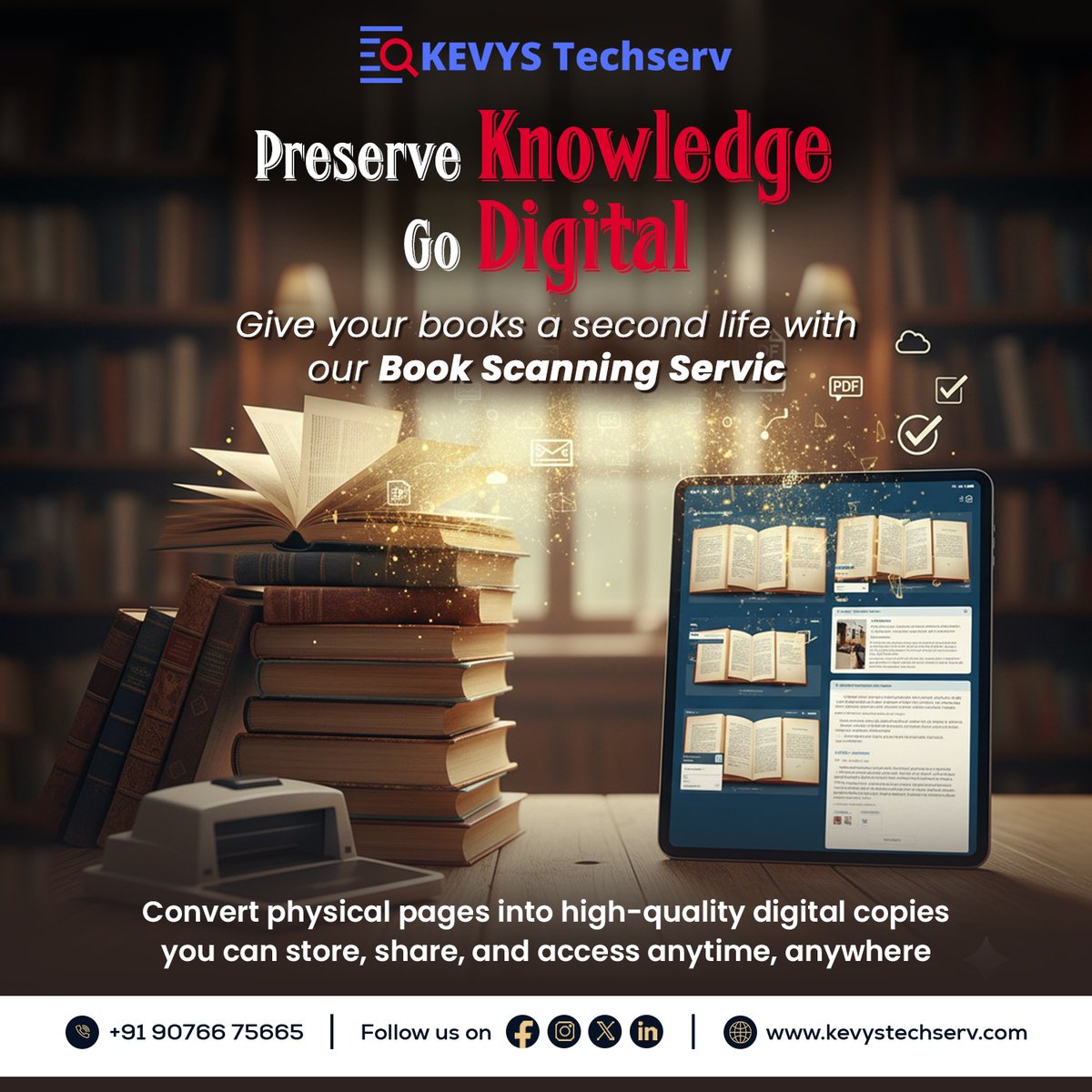 KevysTechserv's tweet photo. Preserve your valuable books — digitally. 📚✨
Our Book Scanning Service helps you convert physical pages into high-quality digital files that are easy to store, share, and access anywhere.
Because knowledge deserves to last forever.
#BookScanning #Digitization #DocumentManagemen https://t.co/1nFi7ZmqTI