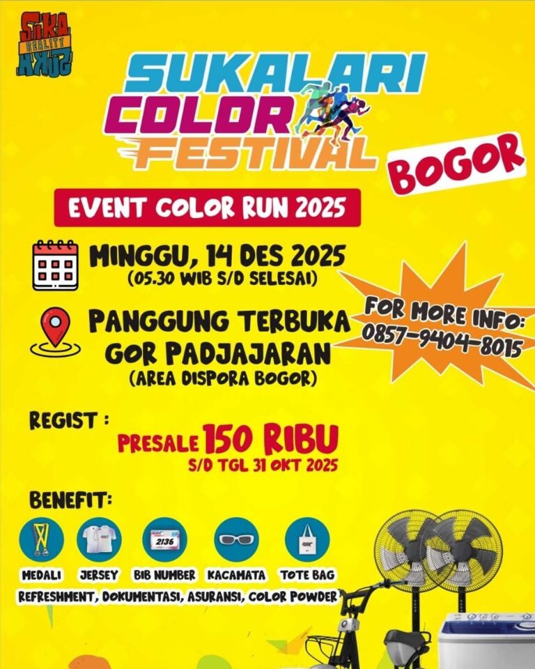 👟Suka Lari Color Festival Bogor
🗓️Minggu, 14 Desember 2025  
🏃‍♂️5K
🏠Panggung Terbuka GOR Padjajaran, Bogor, Jawa Barat  

#JadwalLari #KalenderLari #InfoLari #EventLariBogor #SukaLariColorFestivalBogor