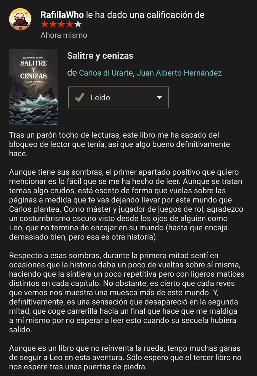 He terminado #SalitreYCeniza de <a href="/DiUrarte/">Carlos di Urarte</a> y os dejo aquí mi opinión. Soy nuevito en esto de reseñar libros, más y mejores reseñas de mis próximas lecturas 🤞🏻