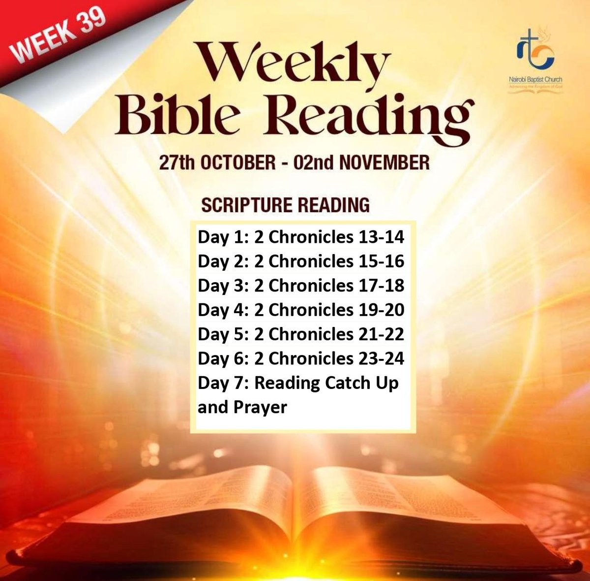 The weekly Bible reading for Week 39, May God minister you in a Special way as you go through the scripture readings.

#nbcngongroad #biblereadingplan #biblegram #churchonline #SHIFT2025