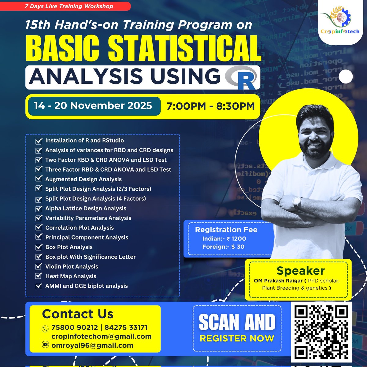 CropInfotech's tweet image. 🚀 Master the Power of Data with R!
👉 Register Now – Limited Seats Available!
🔗 cropinfotech.in
#RProgramming #StatisticalAnalysis #CropInfotech #DataScience #RTraining #PlantBreeding #AgriculturalResearch #Workshop #LearningByDoing #ResearchTools