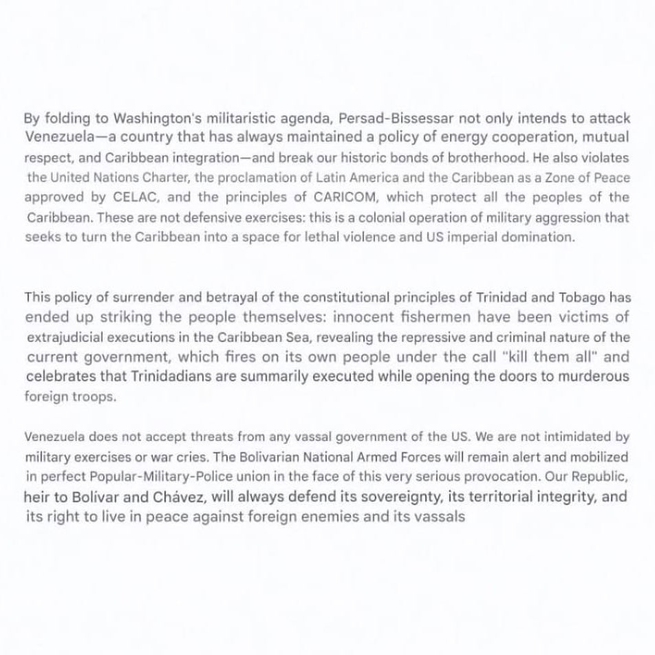 Confirmed statement by Venezuela: US-CIA mercenaries were caught coming from Trinidad &amp; Tobago to infiltrate Venezuela and initiate a false flag operation.

As expected, Trinidad has positioned itself to serve as the staging ground for US intervention in the region: