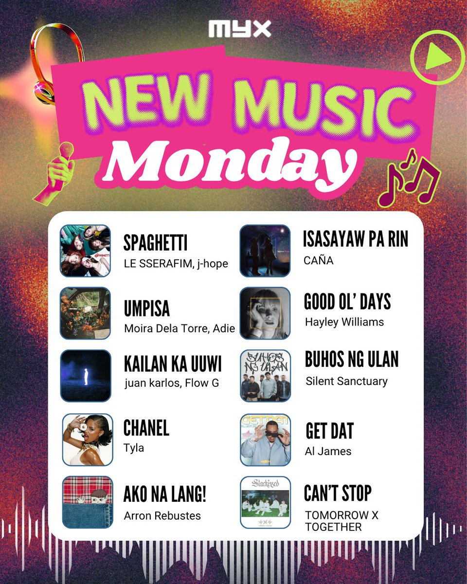 Start your week with fresh beats! 🎶 

Spaghetti by <a href="/le_sserafim/">LE SSERAFIM</a>, j-hope
Umpisa by <a href="/moiradelatorre/">Moira Dela Torre</a>, <a href="/Adadieee/">Adie</a> 
Kailan Ka Uuwi by <a href="/karloslabajo__/">juan karlos labajo</a>, <a href="/plojiflowg199x/">FLOW G</a> 
Chanel by <a href="/Tyllaaaaaaa/">Tyla</a>
ako na lang! by Arron Rebustes
Isasayaw Pa Rin by <a href="/canamusicph/">Caña</a>
Good Ol’ Days by Hayley