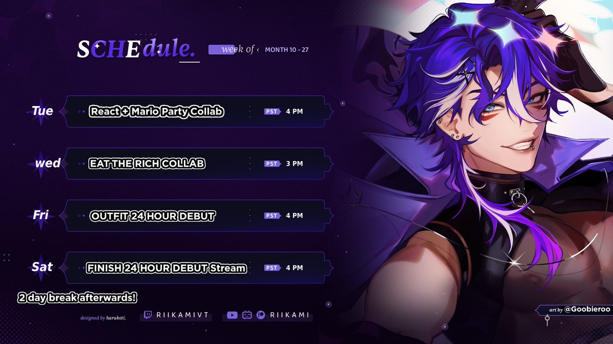 Schedule for this week! DEBUT STREAM WEEK! IM excited! 💜