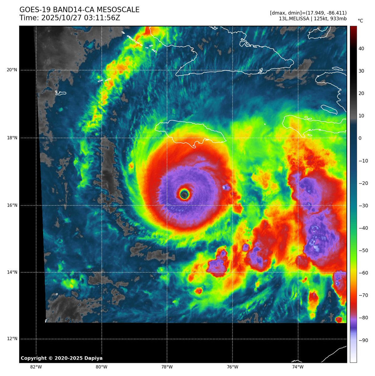 #Melissa has really ramped up over the last hour. We now have a deep CDG ring around the center with much cooler cloud tops, the eye is warmer, &amp; seems its no longer unstable as it was a few hours ago.

Also the southwest wobble has stopped and is now wobbling WNW. It seems rapid