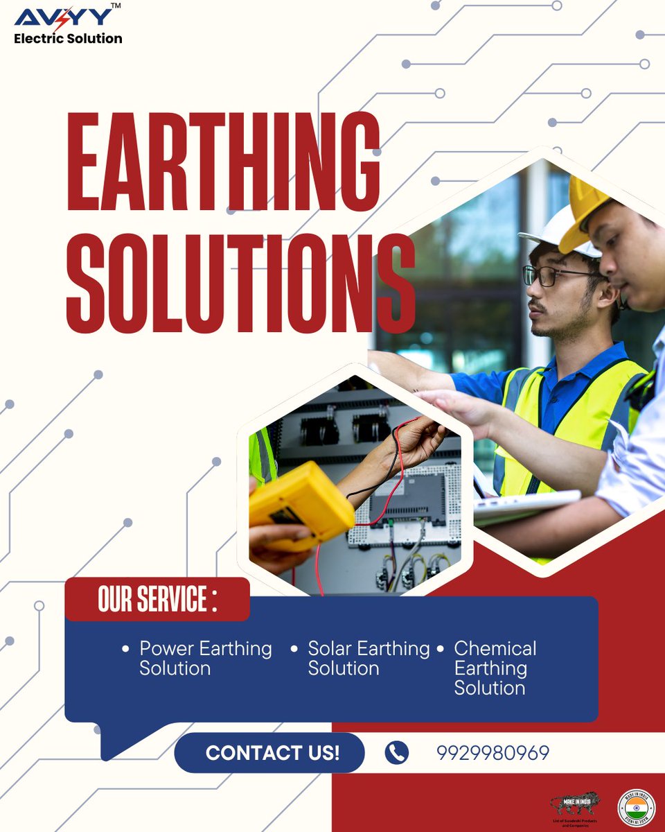AvyyEarthing's tweet image. ⚡ Stay grounded with AVYY Electric Solution!
Reliable &amp;amp; safe Earthing Solutions for every need:
🔹 Power Earthing
🔹 Solar Earthing
🔹 Chemical Earthing
📞 9929980969 | #ElectricalSafety #EarthingSolutions #AVYYElectric #MadeInIndia #PowerSafety #SolarEnergy