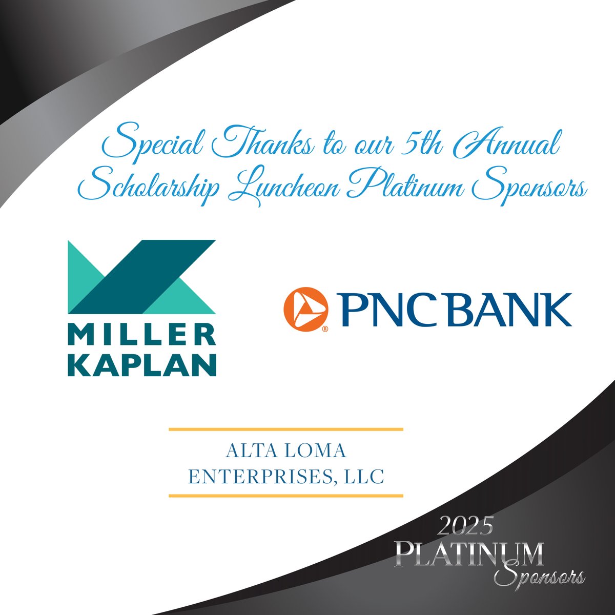 AllianceofBWA's tweet photo. We’re honored to recognize our Platinum Sponsors- PNC Bank, Miller Kaplan, and Alta Loma Enterprises, LLC- for their incredible support at our 5th Annual  Scholarship Luncheon &amp; Award Ceremony. Your commitment helps ABWA in making a lasting impact. https://t.co/FToYMxeVOy #abwa https://t.co/C2BSnQfPFB