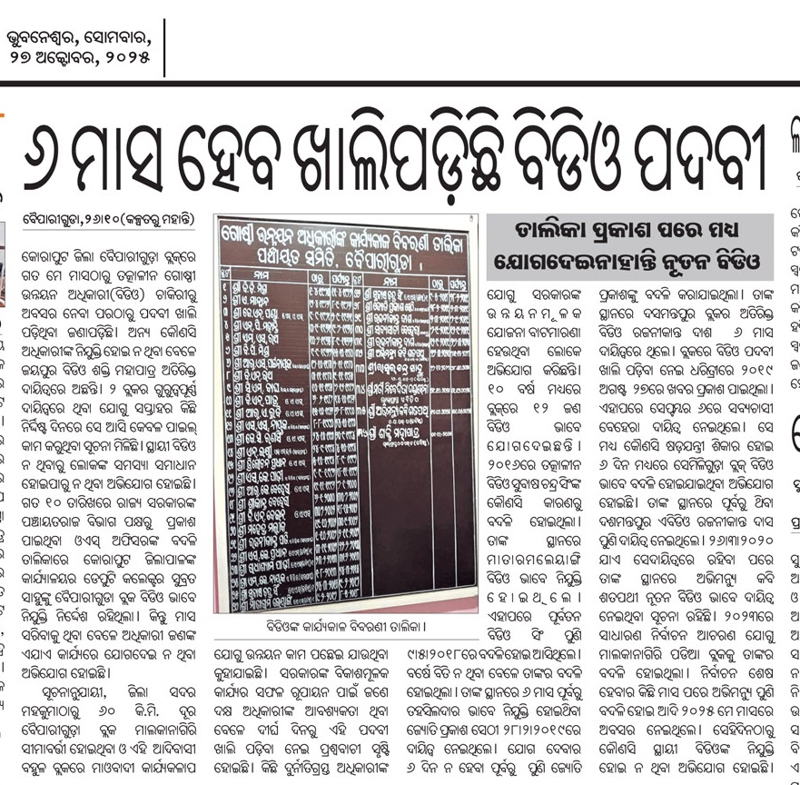 shan92648's tweet image. କୋରାପୁଟ ଜିଲ୍ଲା ବୈପାରିଗୁଡ଼ା ବ୍ଲକ କାର୍ଯ୍ୟାଳୟରେ ୬ମାସ ହେବ ଖାଲିପଡ଼ିଛି ବିଡ଼ିଓ ପଦବୀ।କାର୍ଯ୍ୟରତ ଅଧିକାରୀ ମାନେ ଠିକ୍ ସମୟରେ କାର୍ଯ୍ୟାଳୟକୁ ଆସୁନାହାନ୍ତି @CMO_Odisha ରାଜ୍ୟ ସରକାର ଓ @koraputdm ଜିଲା ପ୍ରଶାସନ ତୁରନ୍ତ ଏଥିପ୍ରତି ଦୃଷ୍ଟି କାର୍ଯ୍ୟନୁଷ୍ଠାନ ନିଅନ୍ତୁ @SecyChief @PRDeptOdisha @rashtrapatibhvn