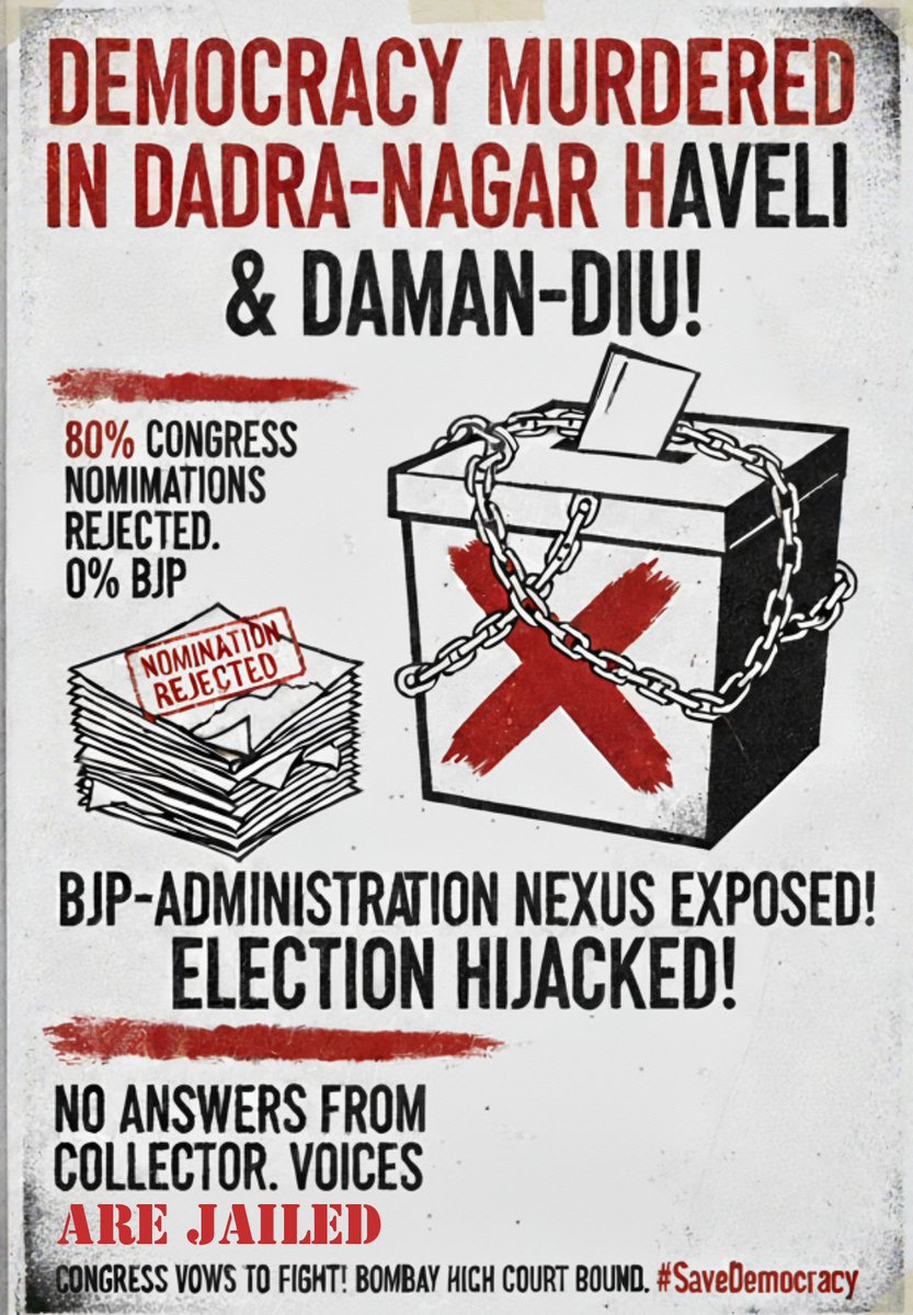 Congress accuses BJP of massive rigging in local body elections in Dadra-Nagar Haveli, Daman-Diu

Says 80 percent of Congress nominations rejected, none from BJP
 
New Delhi, October 26: 

The Congress today accused the BJP of large-scale rigging in the local body elections in