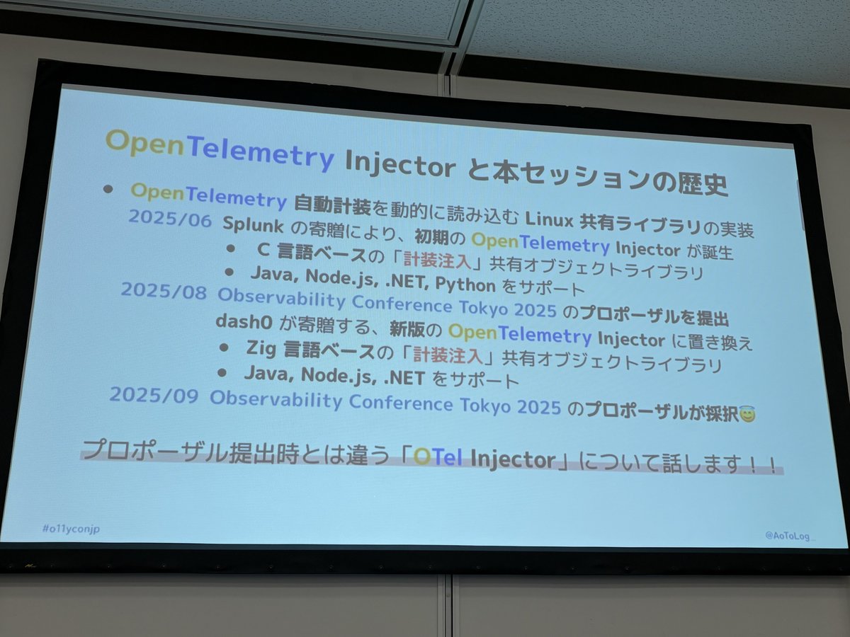 curanosuke's tweet image. LinuxのOtel Injectorを紹介しようとしたら、プロポーザル提出時とは流れが変わった。

#o11yconjp
#o11yconjp_c