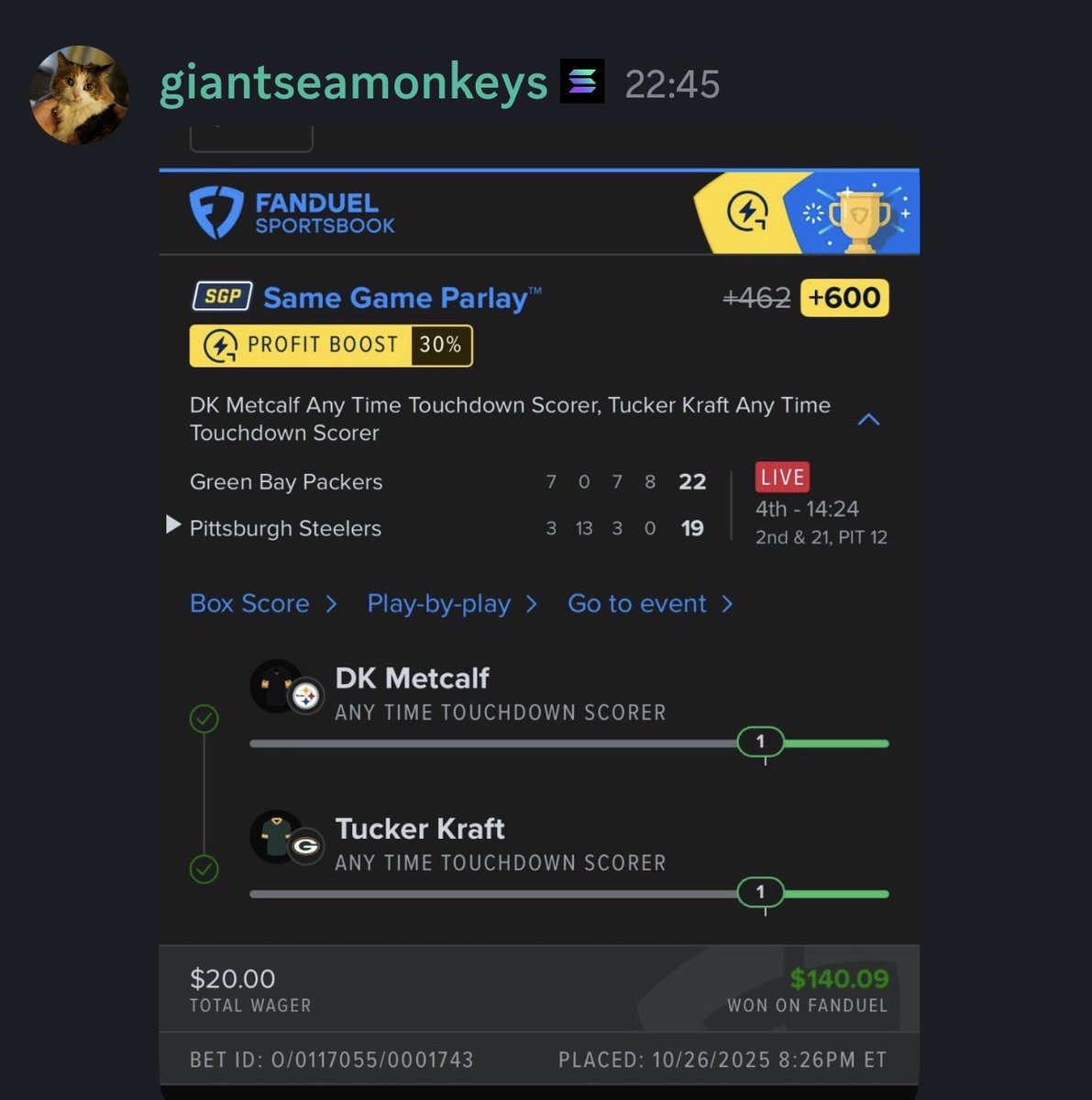 LetsAllBank's tweet photo. Sunday Football Winnings by GiantSeaMonkeys 🔥💵✅ https://t.co/GqpEl1jv8V
