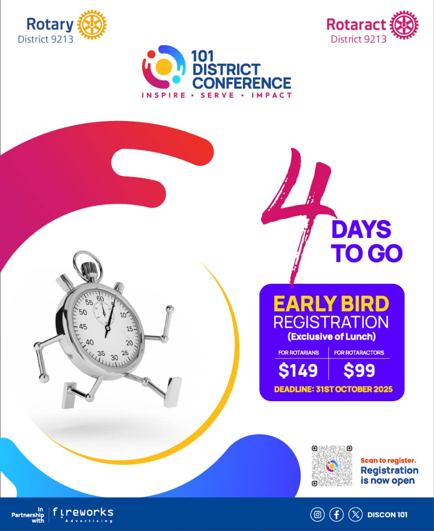 #4Days to connection without borders and celebration without limits.
We shall network, exchange ideas, and celebrate milestones that prove service truly transforms communities.
Join us at the conference 👉 bit.ly/discon101

#DISCON101 
#RotaryEyamba