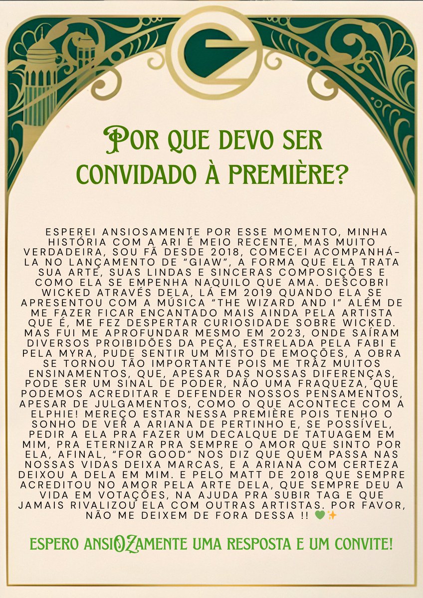 sweetnastty's tweet photo. "Por que eu mereço ser chamado para a première de Wicked?" essa carta responde!! 💚🩷 @infoari @arianagrandebr #ArianatorsNaPremiere @UniversalPicsBr @tvglobo https://t.co/FFeL9rE1fd