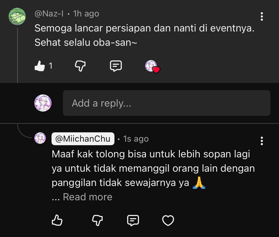 Miichanchuu's tweet image. Tolong ya, biasa kan.. manggil sesorang yang kamu tidak kenal dekat dengan sewajar nya..

Apalagi aku ga pernah sama sekali menormalisasikan di stream aku untuk di panggil “tante” atau “oba-san”

Coba di balik kamu yg di panggil Almarhum pasti gamau kan? Almarhum Naz cthnya 🙏
