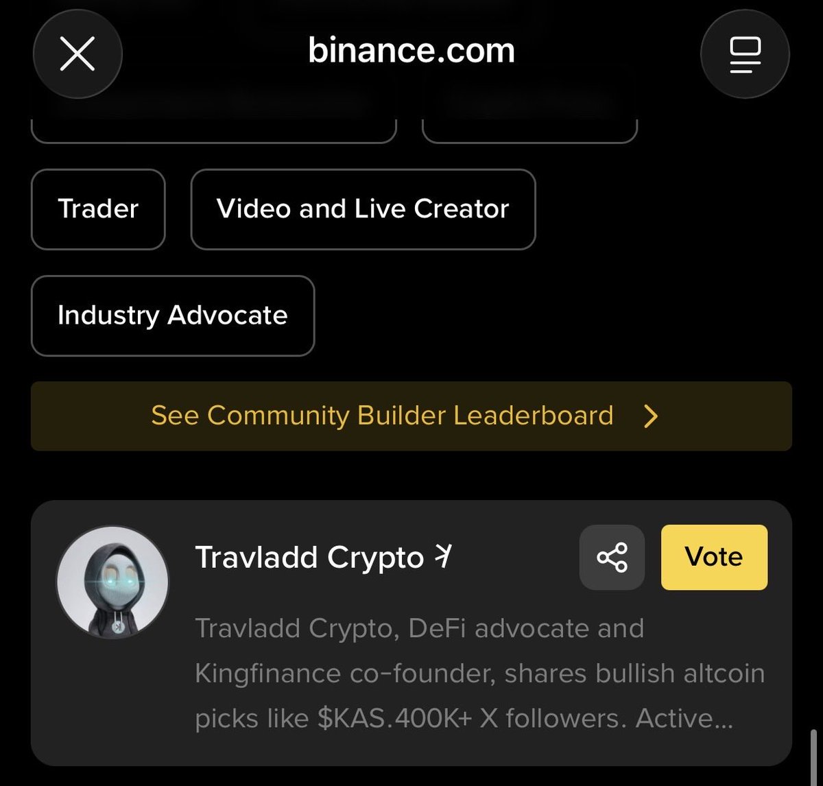 I was nominated for the Binance Square creator voting. 

However I just noticed, i don’t even have a Binance square profile and the account it links to is somebody impersonating me.

Be careful. 

<a href="/binance/">Binance</a> $KAS