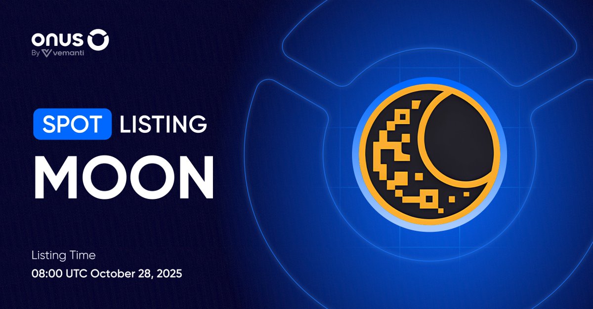 ONUSFinance's tweet photo. 🎉 Announcement: #MOON listing plan

Starting from 08:00 UTC on October 28, 2025, #MOON, the token of the MOON project, will be listed on ONUS Spot, enabling buy/sell with the MOON/VNDC pair.

📌 Details: https://t.co/9lRjHZDfjp