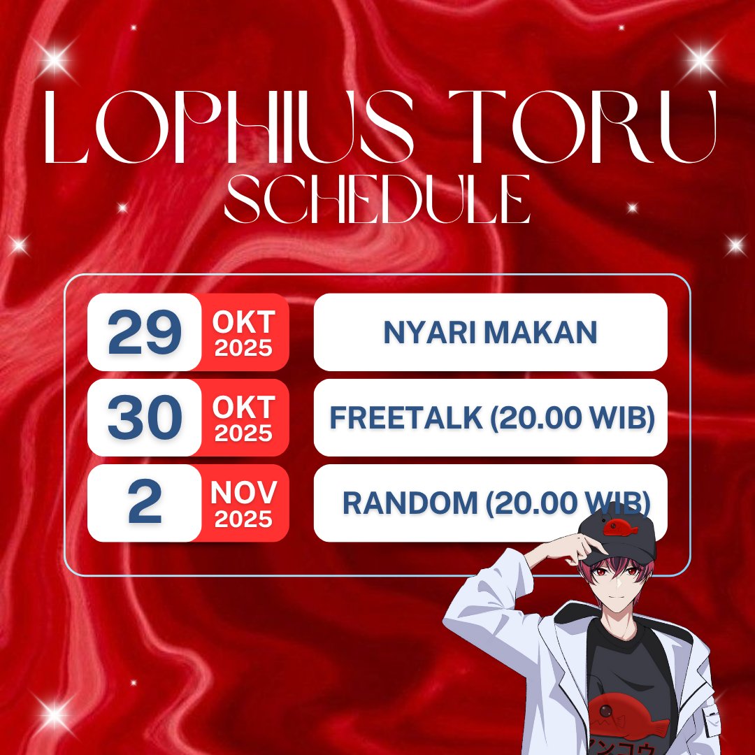 LophiusToru's tweet photo. schedule
Hashtags
General: #LophiusToru
Live: #LopLive
Fanart: #GambaRu
Memes: #BodoRu
Clip: #ClipLop
Fan name: #Lovehius
#VTuber #VTuberIndonesia #VTuberID https://t.co/D1lxzYRQLK