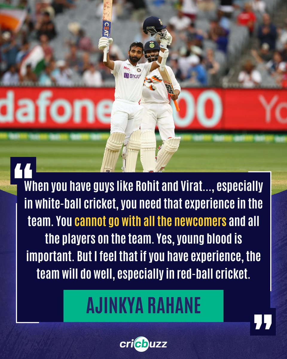 Ajinkya Rahane expresses that India should always have a blend of youngsters and experienced players moving forward 

What do you make of his statement? 🤔

#ajinkyarahane #indiacricket