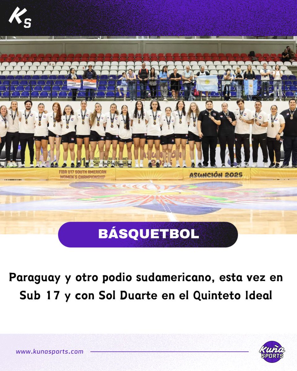 ¡Consolidadas!⛹🏻‍♀️🇵🇾

🥉Con el tercer puesto logrado en el Sudamericano FIBA Sub 17 Asunción 2025, el básquetbol femenino paraguayo se consolida como potencia regional.

#KuñaSports💜