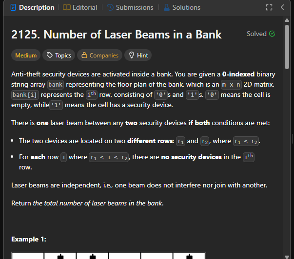 anuj318444's tweet image. Day 2
PODT - 27 oct 2025 
2125. Number of Laser Beams in a Bank
"‘I have not failed, but found 1000 ways to not make a light bulb‘ said Thomas Edison" - Thomas Edison &lt;3 #LeetCode
@Hiteshdotcom
@piyushgarg_dev