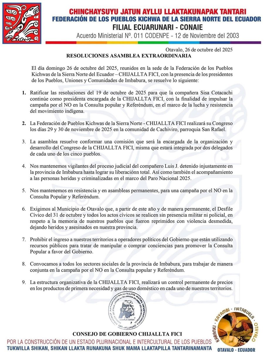 PubliTvEcu's tweet photo. 📍RESOLUCIONES CHIJALLTA FICI
Este 26 de octubre de 2025, reunidos en la Asamblea Extraordinaria de la CHIJALLTA FICI, las comunidades, uniones y pueblos, alcanzaron las siguientes resoluciones👇🏾 https://t.co/YCvhaFK6CO