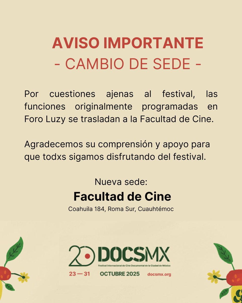 DocsMX's tweet photo. Cambiamos de casa, pero el cine continúa.
Nos vemos en la @facultaddecine.
#20DocsMX https://t.co/IOd4IFhfOQ