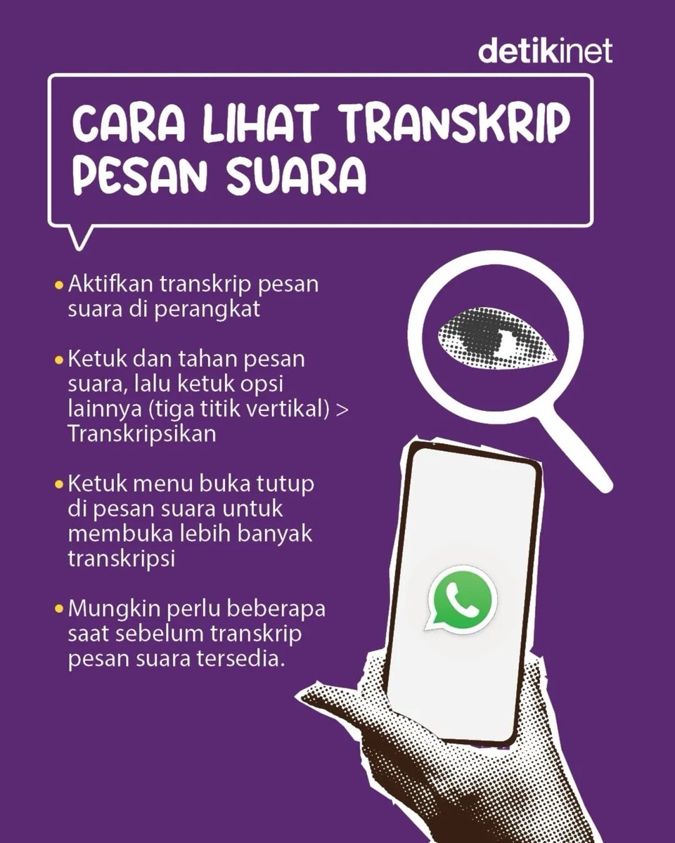 detikinet's tweet photo. Ada lho cara mudah untuk transkrip VN WhatsApp menjadi teks otomatis. Cocok buat detiksrs yang sedang ada di tempat ramai tapi sulit mendengarkan. Intip yuk tipsnya di visual! 👉 #tips #trick #whatsapp #voicenote #transkrip https://t.co/0Nx5VIyrhF