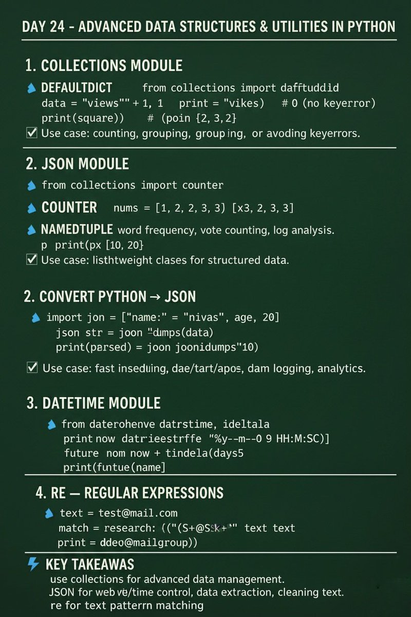 NivasChintu1's tweet image. Day 24 — Advanced Data Structures & Utilities in Python
Learn collections, json, datetime, and re — powerful modules that simplify data manipulation and automation.
#Python #LearnPython #100DaysOfCode #Programming