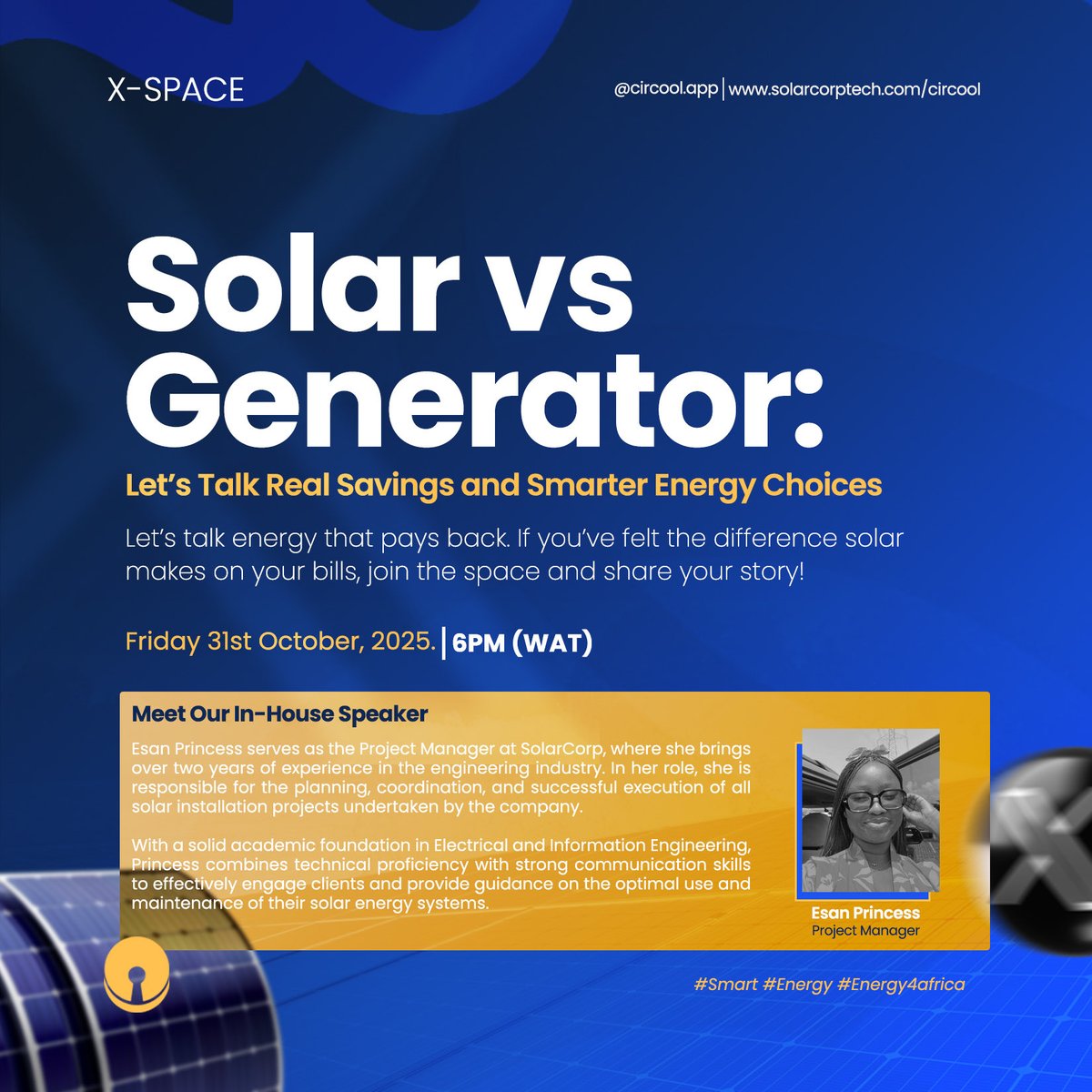 AppCircool's tweet photo. Generator or Solar, which one truly saves you money?
Join us this Friday, 31st Oct • 6PM (WAT) Here on X-Space as we discuss Real Savings & Smarter Energy Choices!
Speaker: Esan Princess,
💡 Let’s talk energy that pays back!
🔗 Join Space https://t.co/GbO7dHC5bX
#Circool https://t.co/svIUhAPPKL