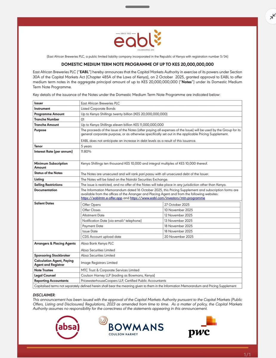 𝐑𝐨𝐮𝐧𝐝𝐮𝐩 𝐨𝐟 𝐓𝐨𝐝𝐚𝐲'𝐬 𝐓𝐨𝐩 𝐁𝐮𝐬𝐢𝐧𝐞𝐬𝐬 𝐂𝐨𝐧𝐭𝐞𝐧𝐭 [𝟐𝟕𝐭𝐡 𝐎𝐜𝐭. 𝟐𝟎𝟐𝟓]:

1. The first tranche of EABL's new Domestic Medium-Term Note (MTN) Programme opens today, Monday, October 27.

The brewer is seeking to raise KES 11B in this initial phase of