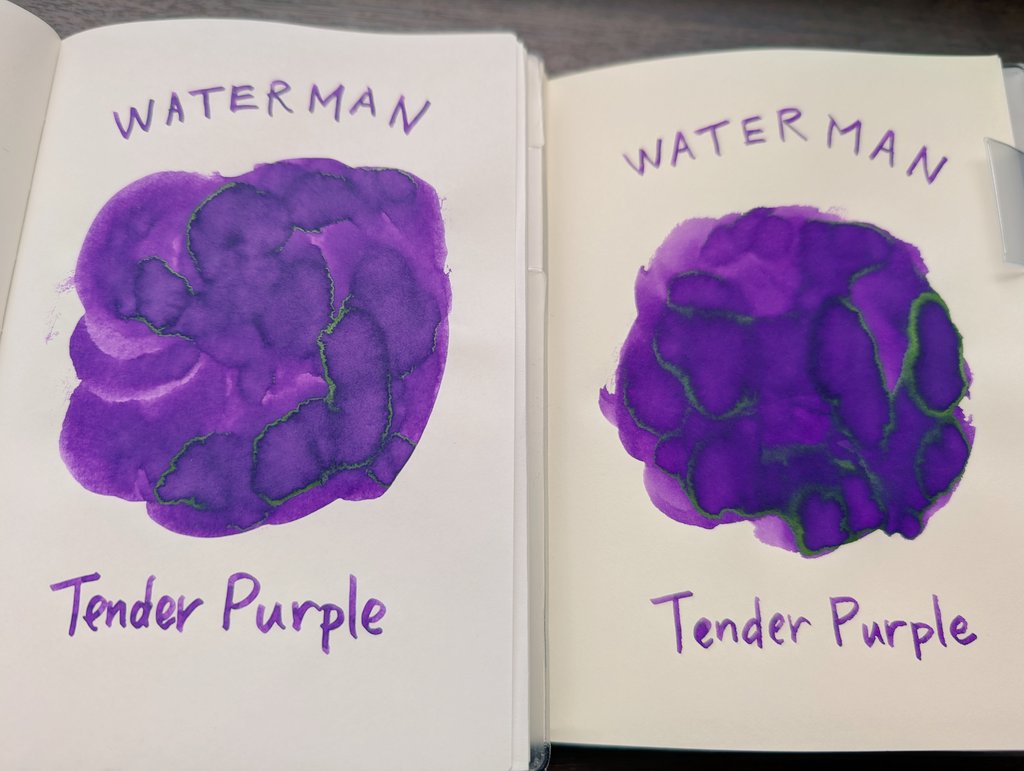 #万年筆インク
ウォーターマン
テンダーパープル

どこが優しいのか、ビビッとな紫ですよ。でも、ポップなハロウィン感出してます！濃淡もキレイだし、緑色に光るフラッシュもらしくてイイ！
トモエリバー白(左)もMDクリーム色(右)もほぼ同色。MDの方がフラッシュが多くでました。