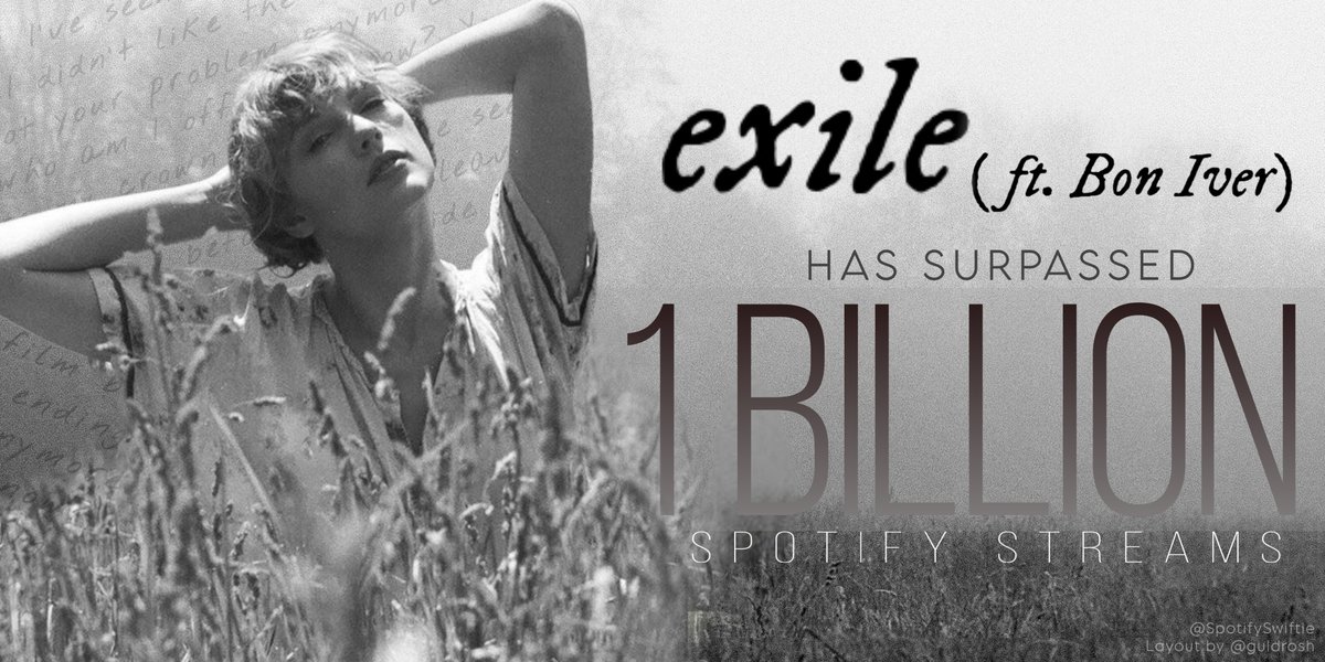 SpotifySwiftie's tweet image. "exile (feat. Bon Iver)" has now surpassed 1 BILLION streams on Spotify!
It becomes the 21st song by Taylor Swift to do so!