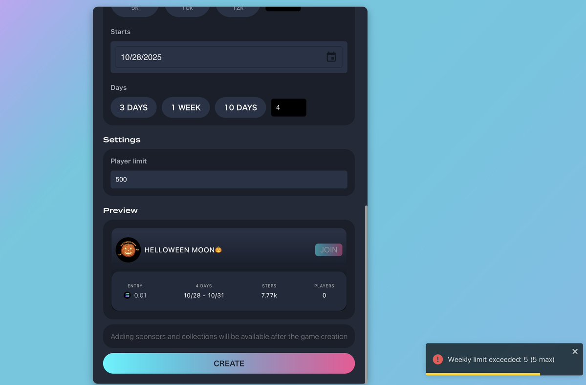 ハロウィンゲームSOLとBONK版も作成しようとしたけど1週間に5個までしかゲーム立ち上げできないのか！エラーでて立ち上げできませんでした・・泣