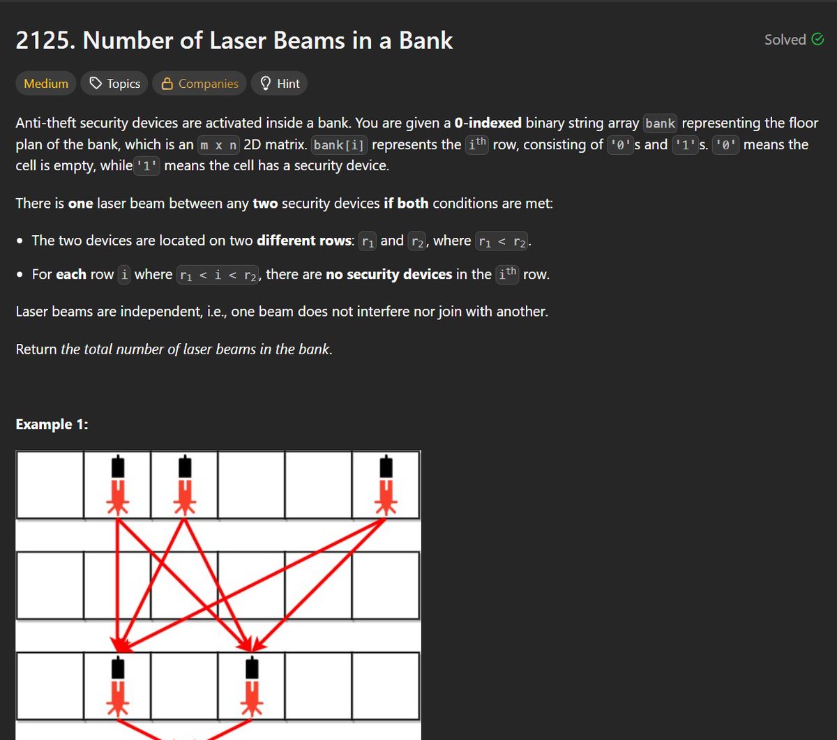 RyanIlano's tweet image. 🚀 LeetCode Daily Challenge: October 27 🚀
2125. Number of Laser Beams in a Bank
Track previous row with security devices and multiply with number of security devices on current row.
#LeetCode #DSA #Coding #ProblemSolving #LearnInPublic